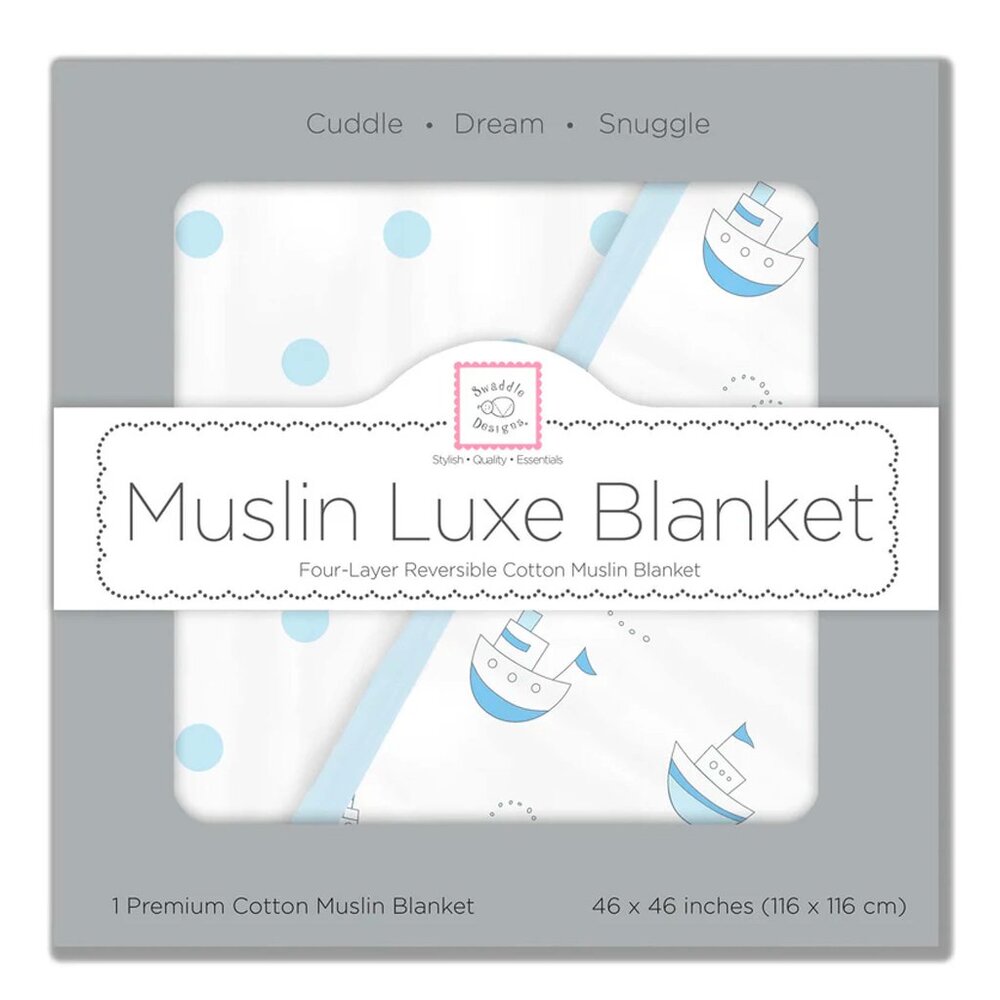 SwaddleDesigns Baby Toddler Muslin Luxe Blanket Reversible Nautical Ships Blue